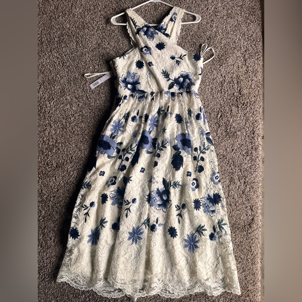 Girls' Cream Lace Dress with Blue Floral Embroidery